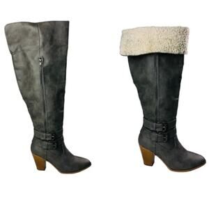 Women Size 8 Gray Faux Leather Block Heel Sherpa Lined Fold Knee High Zip Boots